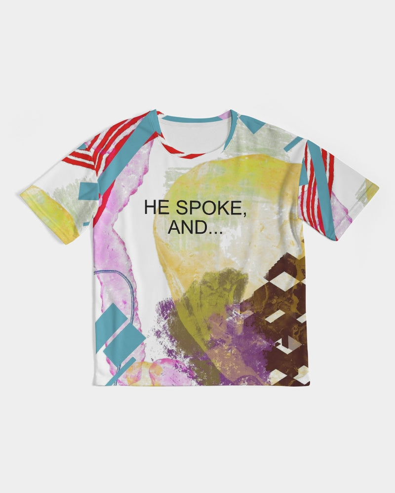 "He spoke" Unisex AOP Premium Oversized Tee