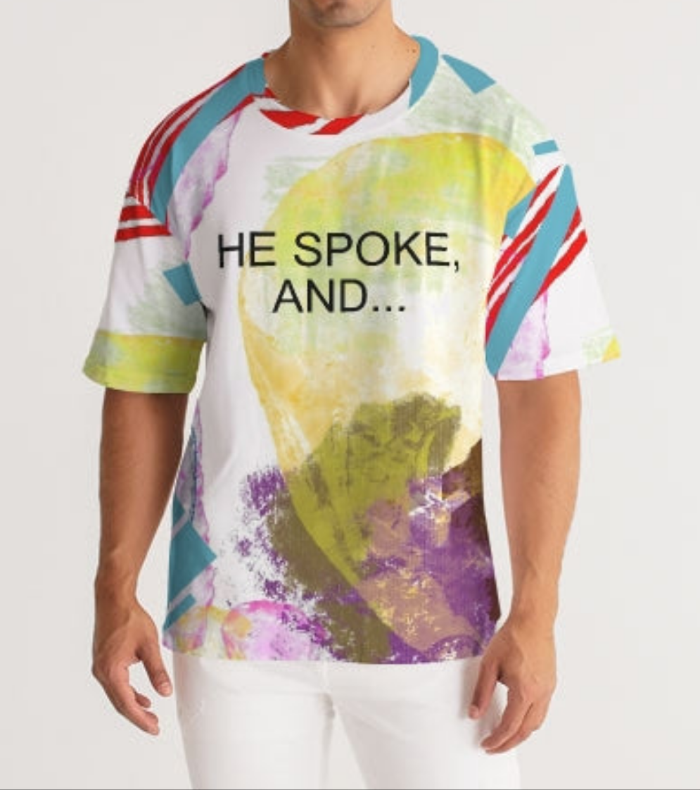 "He spoke" Unisex AOP Premium Oversized Tee